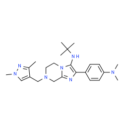 ChemSpider 2D Image | 2-[4-(Dimethylamino)phenyl]-7-[(1,3-dimethyl-1H-pyrazol-4-yl)methyl]-N-(2-methyl-2-propanyl)-5,6,7,8-tetrahydroimidazo[1,2-a]pyrazin-3-amine | C24H35N7
