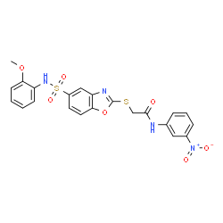 ChemSpider 2D Image | 2-({5-[(2-Methoxyphenyl)sulfamoyl]-1,3-benzoxazol-2-yl}sulfanyl)-N-(3-nitrophenyl)acetamide | C22H18N4O7S2