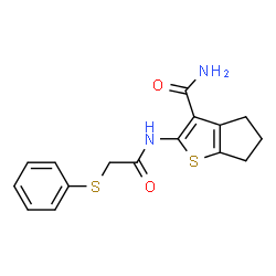 ChemSpider 2D Image | 2-{[(Phenylsulfanyl)acetyl]amino}-5,6-dihydro-4H-cyclopenta[b]thiophene-3-carboxamide | C16H16N2O2S2