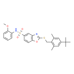 ChemSpider 2D Image | 2-{[2,6-Dimethyl-4-(2-methyl-2-propanyl)benzyl]sulfanyl}-N-(2-methoxyphenyl)-1,3-benzoxazole-5-sulfonamide | C27H30N2O4S2