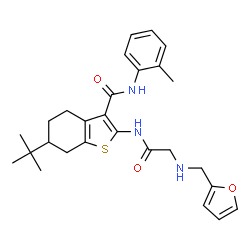 ChemSpider 2D Image | 2-{[N-(2-Furylmethyl)glycyl]amino}-N-(2-methylphenyl)-6-(2-methyl-2-propanyl)-4,5,6,7-tetrahydro-1-benzothiophene-3-carboxamide | C27H33N3O3S