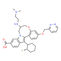ChemSpider 2D Image | 7-{[2-(Dimethylamino)ethyl]amino}-14-[(2S)-2-fluorocyclohexyl]-3-(3-pyridazinylmethoxy)-7,8-dihydro-6H-indolo[1,2-e][1,5]benzoxazocine-11-carboxylic acid | C33H38FN5O4