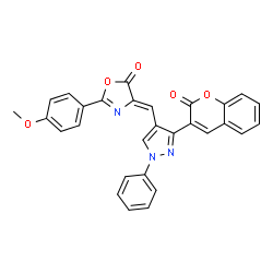 ChemSpider 2D Image | (4Z)-2-(4-Methoxyphenyl)-4-{[3-(2-oxo-2H-chromen-3-yl)-1-phenyl-1H-pyrazol-4-yl]methylene}-1,3-oxazol-5(4H)-one | C29H19N3O5