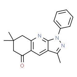 ChemSpider 2D Image | 3,7,7-Trimethyl-1-phenyl-1,6,7,8-tetrahydro-5H-pyrazolo[3,4-b]quinolin-5-one | C19H19N3O