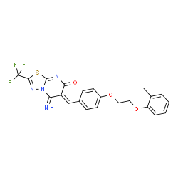 ChemSpider 2D Image | (6Z)-5-Imino-6-{4-[2-(2-methylphenoxy)ethoxy]benzylidene}-2-(trifluoromethyl)-5,6-dihydro-7H-[1,3,4]thiadiazolo[3,2-a]pyrimidin-7-one | C22H17F3N4O3S