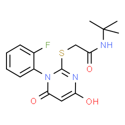 ChemSpider 2D Image | 2-{[1-(2-Fluorophenyl)-4-hydroxy-6-oxo-1,6-dihydro-2-pyrimidinyl]sulfanyl}-N-(2-methyl-2-propanyl)acetamide | C16H18FN3O3S