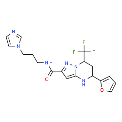 ChemSpider 2D Image | 5-(2-Furyl)-N-[3-(1H-imidazol-1-yl)propyl]-7-(trifluoromethyl)-4,5,6,7-tetrahydropyrazolo[1,5-a]pyrimidine-2-carboxamide | C18H19F3N6O2