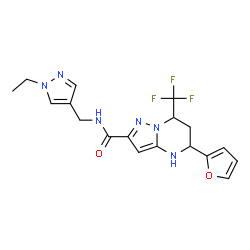 ChemSpider 2D Image | N-[(1-Ethyl-1H-pyrazol-4-yl)methyl]-5-(2-furyl)-7-(trifluoromethyl)-4,5,6,7-tetrahydropyrazolo[1,5-a]pyrimidine-2-carboxamide | C18H19F3N6O2