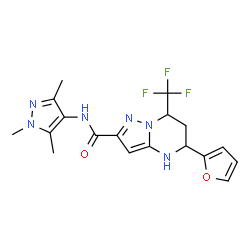 ChemSpider 2D Image | 5-(2-Furyl)-7-(trifluoromethyl)-N-(1,3,5-trimethyl-1H-pyrazol-4-yl)-4,5,6,7-tetrahydropyrazolo[1,5-a]pyrimidine-2-carboxamide | C18H19F3N6O2