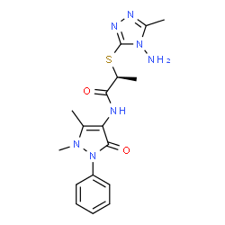 ChemSpider 2D Image | (2S)-2-[(4-Amino-5-methyl-4H-1,2,4-triazol-3-yl)sulfanyl]-N-(1,5-dimethyl-3-oxo-2-phenyl-2,3-dihydro-1H-pyrazol-4-yl)propanamide | C17H21N7O2S