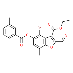 ChemSpider 2D Image | Ethyl 4-bromo-2-formyl-7-methyl-5-[(3-methylbenzoyl)oxy]-1-benzofuran-3-carboxylate | C21H17BrO6