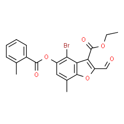 ChemSpider 2D Image | Ethyl 4-bromo-2-formyl-7-methyl-5-[(2-methylbenzoyl)oxy]-1-benzofuran-3-carboxylate | C21H17BrO6