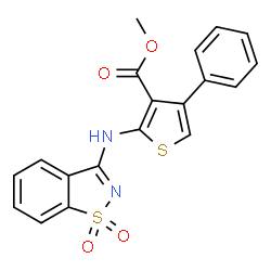 ChemSpider 2D Image | Methyl 2-[(1,1-dioxido-1,2-benzothiazol-3-yl)amino]-4-phenyl-3-thiophenecarboxylate | C19H14N2O4S2