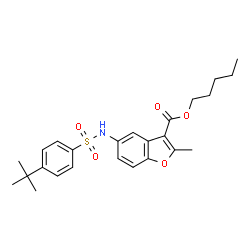 ChemSpider 2D Image | Pentyl 2-methyl-5-({[4-(2-methyl-2-propanyl)phenyl]sulfonyl}amino)-1-benzofuran-3-carboxylate | C25H31NO5S