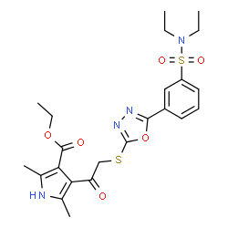 ChemSpider 2D Image | Ethyl 4-[({5-[3-(diethylsulfamoyl)phenyl]-1,3,4-oxadiazol-2-yl}sulfanyl)acetyl]-2,5-dimethyl-1H-pyrrole-3-carboxylate | C23H28N4O6S2