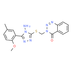 ChemSpider 2D Image | 3-({[4-Amino-5-(2-methoxy-5-methylphenyl)-4H-1,2,4-triazol-3-yl]sulfanyl}methyl)-1,2,3-benzotriazin-4(3H)-one | C18H17N7O2S