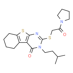 ChemSpider 2D Image | 3-(3-Methylbutyl)-2-{[2-oxo-2-(1-pyrrolidinyl)ethyl]sulfanyl}-5,6,7,8-tetrahydro[1]benzothieno[2,3-d]pyrimidin-4(3H)-one | C21H29N3O2S2