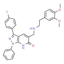 ChemSpider 2D Image | 5-({[2-(3,4-Dimethoxyphenyl)ethyl]amino}methyl)-3-(4-fluorophenyl)-1-phenyl-1,7-dihydro-6H-pyrazolo[3,4-b]pyridin-6-one | C29H27FN4O3
