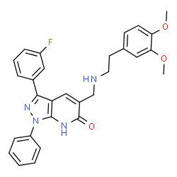 ChemSpider 2D Image | 5-({[2-(3,4-Dimethoxyphenyl)ethyl]amino}methyl)-3-(3-fluorophenyl)-1-phenyl-1,7-dihydro-6H-pyrazolo[3,4-b]pyridin-6-one | C29H27FN4O3