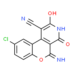 ChemSpider 2D Image | 9-Chloro-2-hydroxy-5-imino-4-oxo-3,5-dihydro-4H-chromeno[3,4-c]pyridine-1-carbonitrile | C13H6ClN3O3