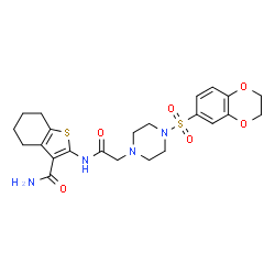 ChemSpider 2D Image | 2-({[4-(2,3-Dihydro-1,4-benzodioxin-6-ylsulfonyl)-1-piperazinyl]acetyl}amino)-4,5,6,7-tetrahydro-1-benzothiophene-3-carboxamide | C23H28N4O6S2
