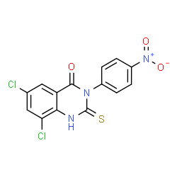 ChemSpider 2D Image | 6,8-Dichloro-3-(4-nitrophenyl)-2-thioxo-2,3-dihydro-4(1H)-quinazolinone | C14H7Cl2N3O3S