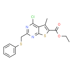 ChemSpider 2D Image | ethyl 4-chloro-5-methyl-2-[(phenylthio)methyl]thieno[2,3-d]pyrimidine-6-carboxylate | C17H15ClN2O2S2