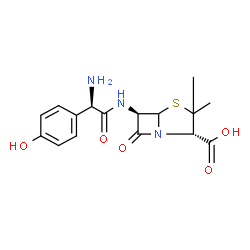 ChemSpider 2D Image | (2S,6R)-6-{[(2R)-2-Amino-2-(4-hydroxyphenyl)acetyl]amino}-3,3-dimethyl-7-oxo-4-thia-1-azabicyclo[3.2.0]heptane-2-carboxylic acid | C16H19N3O5S