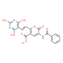 ChemSpider 2D Image | Methyl 3-(benzoylamino)-6-[(E)-2-(6-hydroxy-2,4-dioxo-1,2,3,4-tetrahydro-5-pyrimidinyl)vinyl]-2-oxo-2H-pyran-5-carboxylate | C20H15N3O8