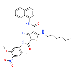 ChemSpider 2D Image | 5-(Hexylamino)-3-imino-N~2~-(5-methoxy-2-methyl-4-nitrophenyl)-N~4~-(1-naphthyl)-2,3-dihydro-2,4-thiophenedicarboxamide | C30H33N5O5S