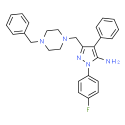 ChemSpider 2D Image | 3-[(4-Benzyl-1-piperazinyl)methyl]-1-(4-fluorophenyl)-4-phenyl-1H-pyrazol-5-amine | C27H28FN5