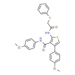 ChemSpider 2D Image | N,4-Bis(4-methoxyphenyl)-2-{[(phenylsulfanyl)acetyl]amino}-3-thiophenecarboxamide | C27H24N2O4S2