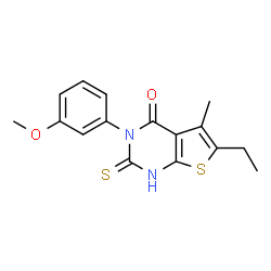 ChemSpider 2D Image | 6-Ethyl-3-(3-methoxyphenyl)-5-methyl-2-sulfanylthieno[2,3-d]pyrimidin-4(3H)-one | C16H16N2O2S2