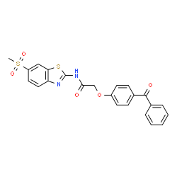 ChemSpider 2D Image | 2-(4-Benzoylphenoxy)-N-[6-(methylsulfonyl)-1,3-benzothiazol-2-yl]acetamide | C23H18N2O5S2