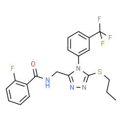 ChemSpider 2D Image | 2-Fluoro-N-({5-(propylsulfanyl)-4-[3-(trifluoromethyl)phenyl]-4H-1,2,4-triazol-3-yl}methyl)benzamide | C20H18F4N4OS