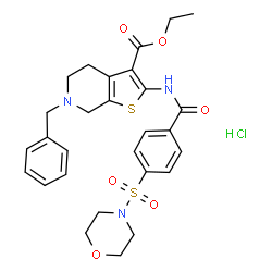 ChemSpider 2D Image | Ethyl 6-benzyl-2-{[4-(4-morpholinylsulfonyl)benzoyl]amino}-4,5,6,7-tetrahydrothieno[2,3-c]pyridine-3-carboxylate hydrochloride (1:1) | C28H32ClN3O6S2