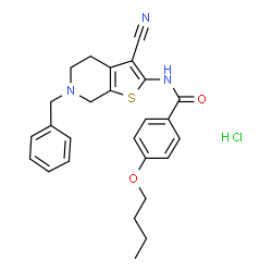 ChemSpider 2D Image | N-(6-Benzyl-3-cyano-4,5,6,7-tetrahydrothieno[2,3-c]pyridin-2-yl)-4-butoxybenzamide hydrochloride (1:1) | C26H28ClN3O2S