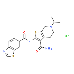 ChemSpider 2D Image | N-(3-Carbamoyl-6-isopropyl-4,5,6,7-tetrahydrothieno[2,3-c]pyridin-2-yl)-1,3-benzothiazole-6-carboxamide hydrochloride (1:1) | C19H21ClN4O2S2