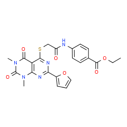 ChemSpider 2D Image | Ethyl 4-[({[2-(2-furyl)-6,8-dimethyl-5,7-dioxo-5,6,7,8-tetrahydropyrimido[4,5-d]pyrimidin-4-yl]sulfanyl}acetyl)amino]benzoate | C23H21N5O6S