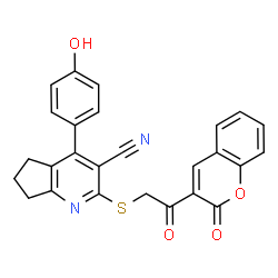 ChemSpider 2D Image | 4-(4-Hydroxyphenyl)-2-{[2-oxo-2-(2-oxo-2H-chromen-3-yl)ethyl]sulfanyl}-6,7-dihydro-5H-cyclopenta[b]pyridine-3-carbonitrile | C26H18N2O4S