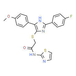 ChemSpider 2D Image | 2-{[2-(4-Fluorophenyl)-4-(4-methoxyphenyl)-1H-imidazol-5-yl]sulfanyl}-N-(1,3-thiazol-2-yl)acetamide | C21H17FN4O2S2