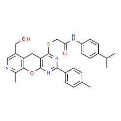 ChemSpider 2D Image | 2-{[6-(Hydroxymethyl)-9-methyl-2-(4-methylphenyl)-5H-pyrido[4',3':5,6]pyrano[2,3-d]pyrimidin-4-yl]sulfanyl}-N-(4-isopropylphenyl)acetamide | C30H30N4O3S