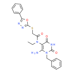 ChemSpider 2D Image | N-(6-Amino-1-benzyl-2,4-dioxo-1,2,3,4-tetrahydro-5-pyrimidinyl)-N-ethyl-2-[(5-phenyl-1,3,4-oxadiazol-2-yl)sulfanyl]acetamide | C23H22N6O4S