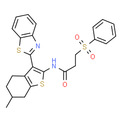 ChemSpider 2D Image | N-[3-(1,3-Benzothiazol-2-yl)-6-methyl-4,5,6,7-tetrahydro-1-benzothiophen-2-yl]-3-(phenylsulfonyl)propanamide | C25H24N2O3S3
