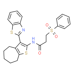 ChemSpider 2D Image | N-[3-(1,3-Benzothiazol-2-yl)-5,6,7,8-tetrahydro-4H-cyclohepta[b]thiophen-2-yl]-3-(phenylsulfonyl)propanamide | C25H24N2O3S3