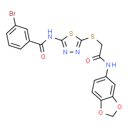 ChemSpider 2D Image | N-(5-{[2-(1,3-Benzodioxol-5-ylamino)-2-oxoethyl]sulfanyl}-1,3,4-thiadiazol-2-yl)-3-bromobenzamide | C18H13BrN4O4S2