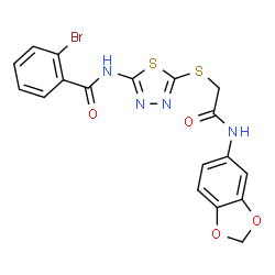 ChemSpider 2D Image | N-(5-{[2-(1,3-Benzodioxol-5-ylamino)-2-oxoethyl]sulfanyl}-1,3,4-thiadiazol-2-yl)-2-bromobenzamide | C18H13BrN4O4S2
