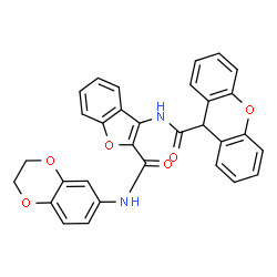 ChemSpider 2D Image | N-[2-(2,3-Dihydro-1,4-benzodioxin-6-ylcarbamoyl)-1-benzofuran-3-yl]-9H-xanthene-9-carboxamide | C31H22N2O6