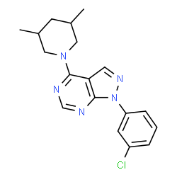 ChemSpider 2D Image | 1-(3-Chlorophenyl)-4-(3,5-dimethyl-1-piperidinyl)-1H-pyrazolo[3,4-d]pyrimidine | C18H20ClN5