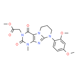 ChemSpider 2D Image | Methyl [9-(2,4-dimethoxyphenyl)-1-methyl-2,4-dioxo-1,4,6,7,8,9-hexahydropyrimido[2,1-f]purin-3(2H)-yl]acetate | C20H23N5O6